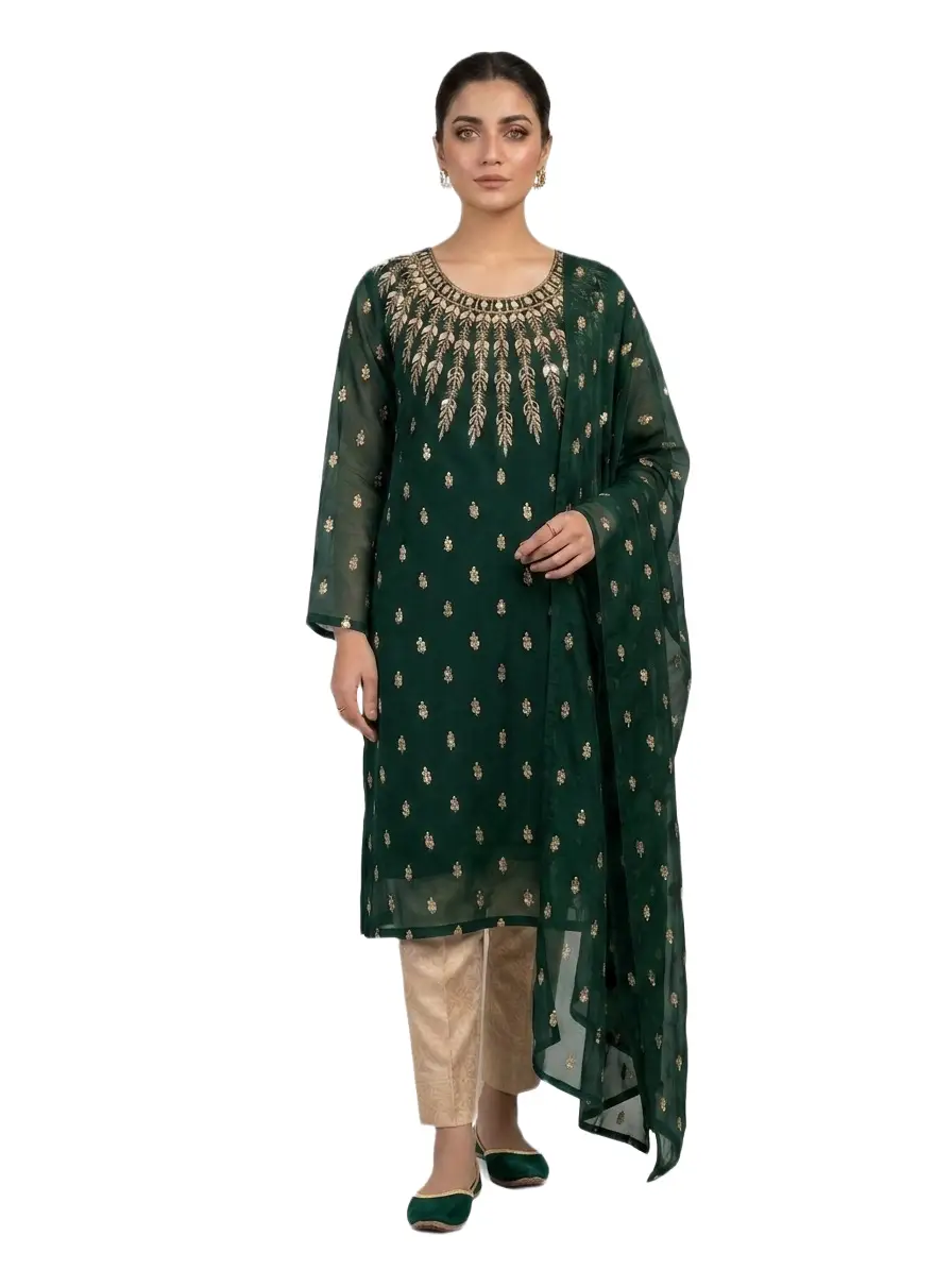 3 Pcs Women’s Unstitched Chiffon Mirror Work Suit
