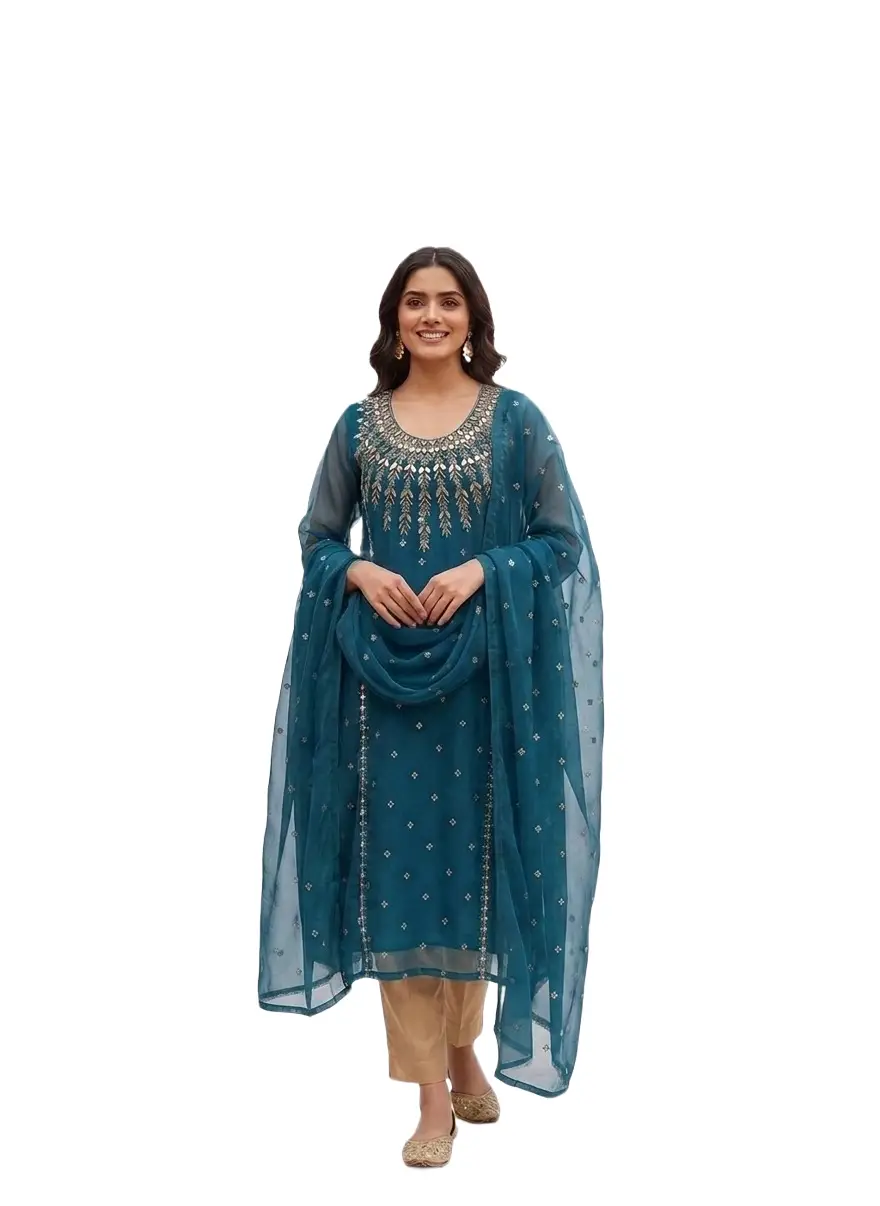 3 Pcs Women’s Unstitched Chiffon Mirror Work Suit