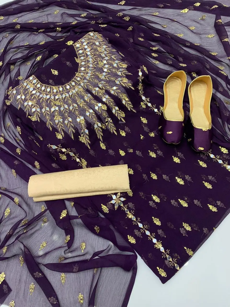 3 Pcs Women’s Unstitched Chiffon Mirror Work Suit