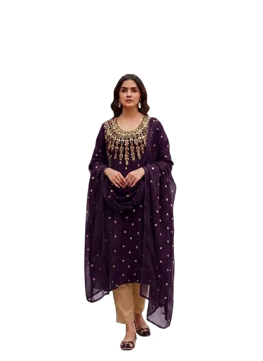 3 Pcs Women’s Unstitched Chiffon Mirror Work Suit