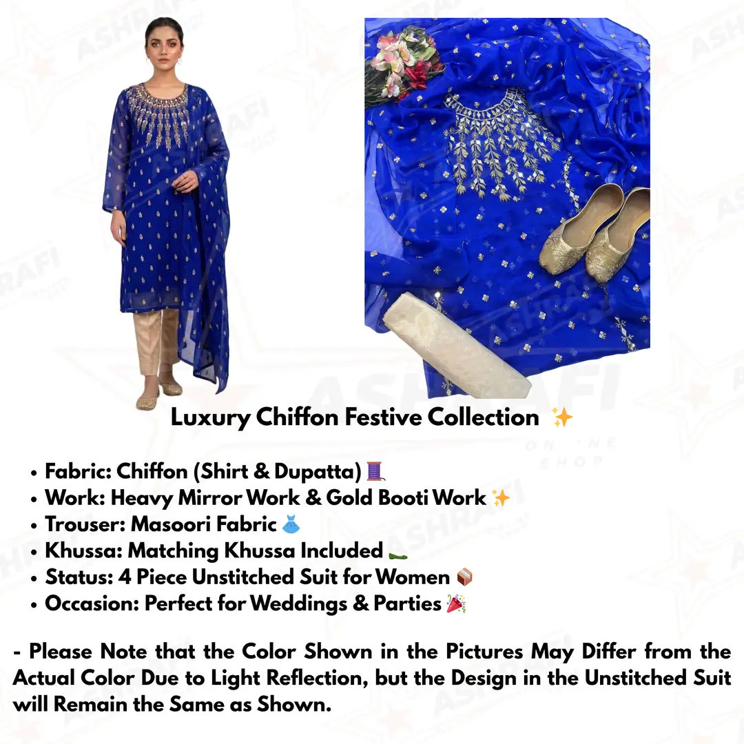 3 Pcs Women’s Unstitched Chiffon Mirror Work Suit