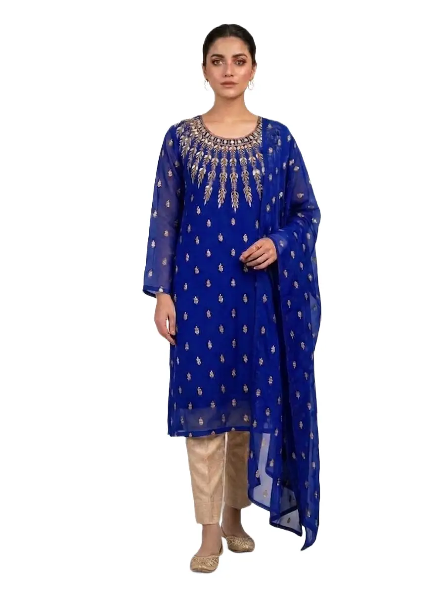3 Pcs Women’s Unstitched Chiffon Mirror Work Suit