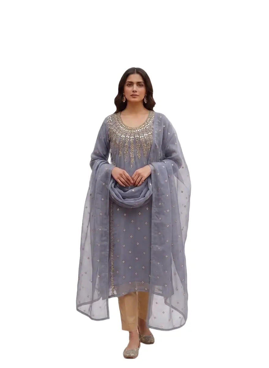 3 Pcs Women’s Unstitched Chiffon Mirror Work Suit