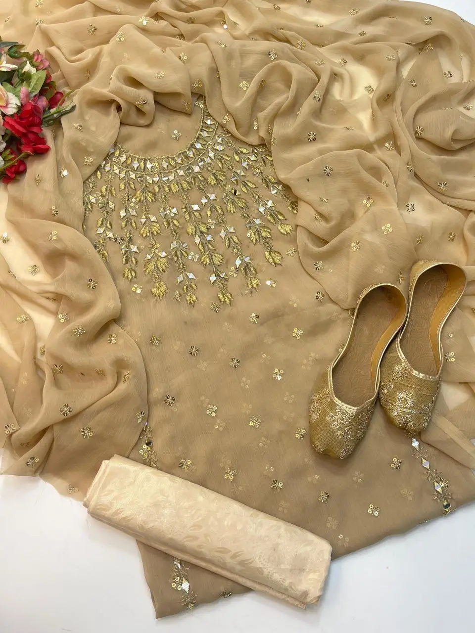 3 Pcs Women’s Unstitched Chiffon Mirror Work Suit