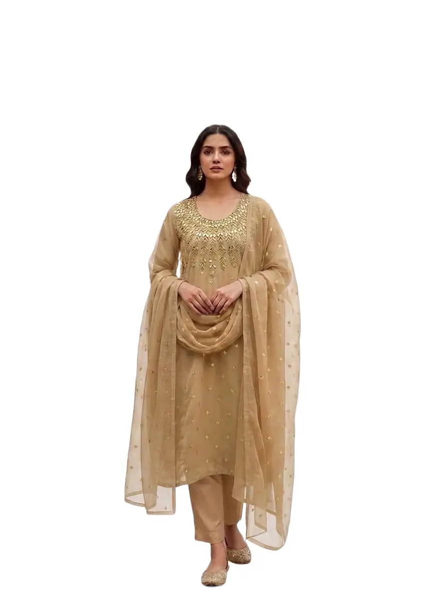3 Pcs Women’s Unstitched Chiffon Mirror Work Suit