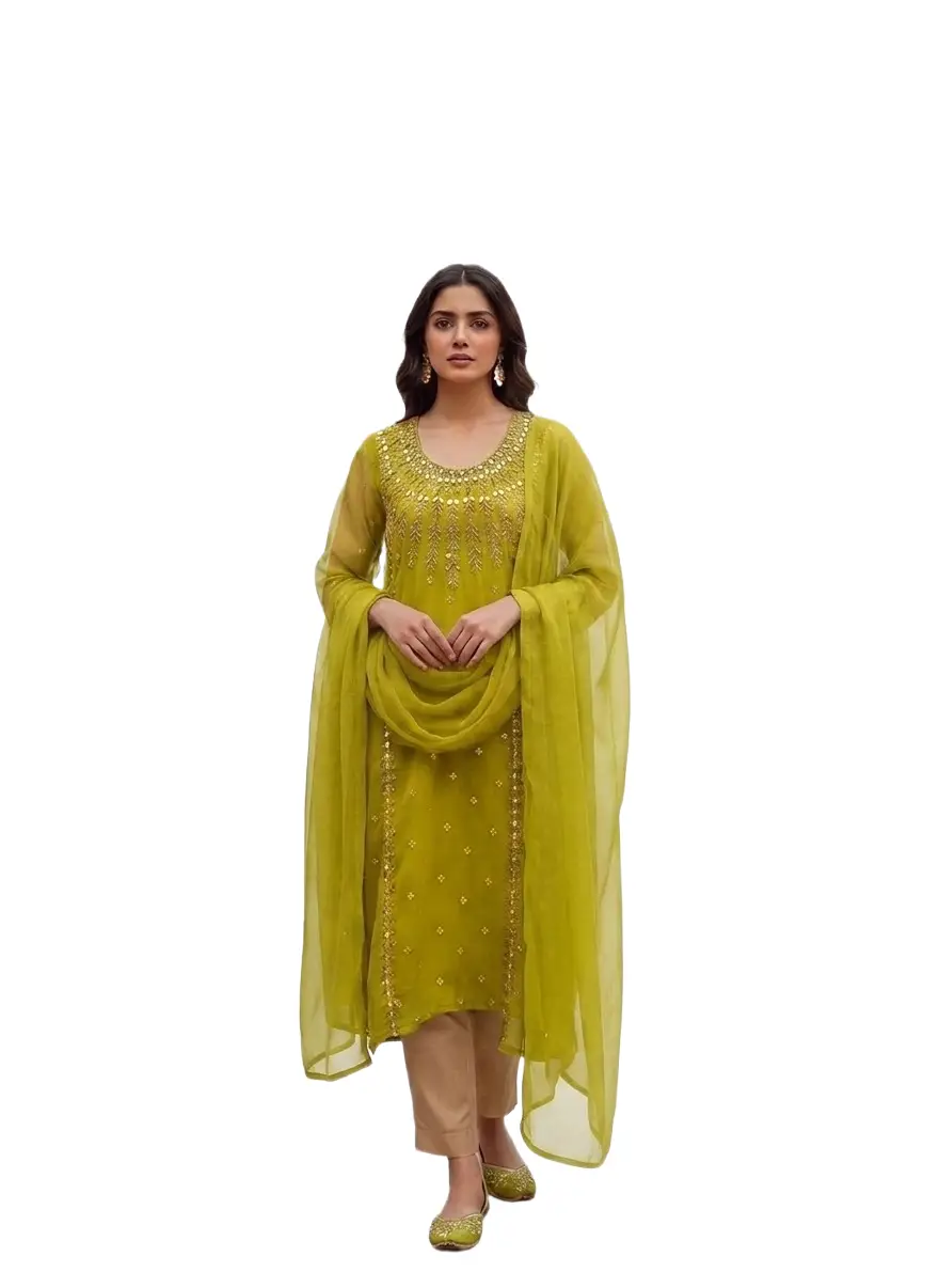3 Pcs Women’s Unstitched Chiffon Mirror Work Suit