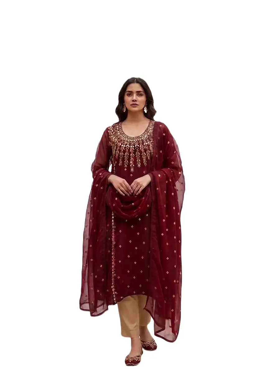 3 Pcs Women’s Unstitched Chiffon Mirror Work Suit
