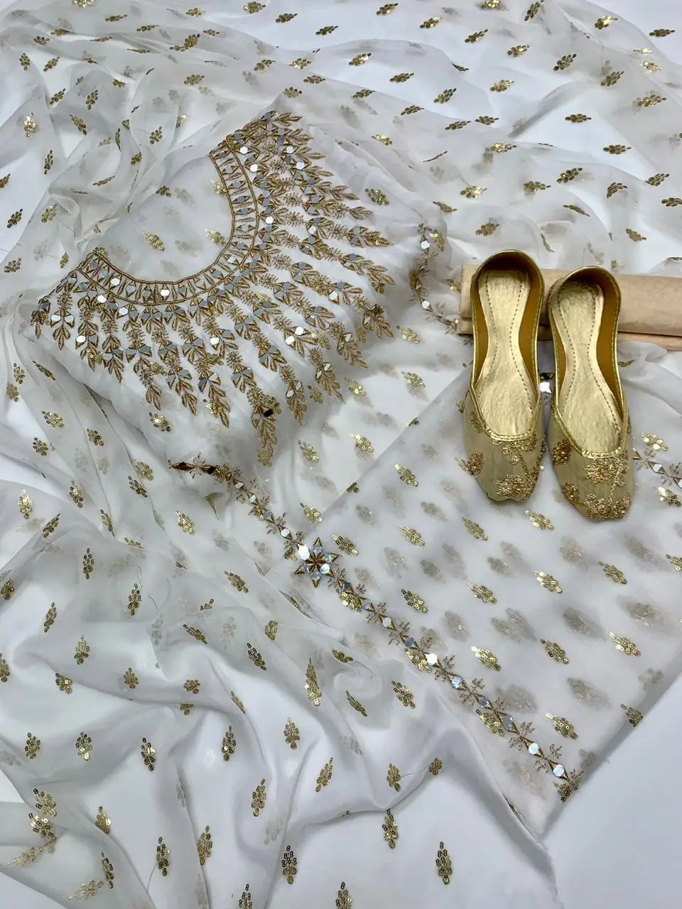 3 Pcs Women’s Unstitched Chiffon Mirror Work Suit