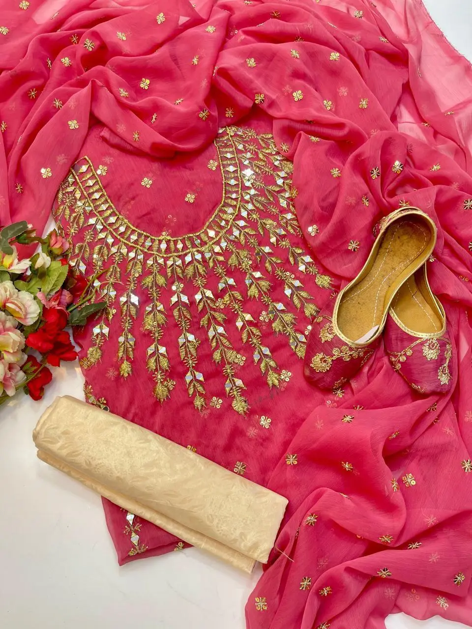 3 Pcs Women’s Unstitched Chiffon Mirror Work Suit