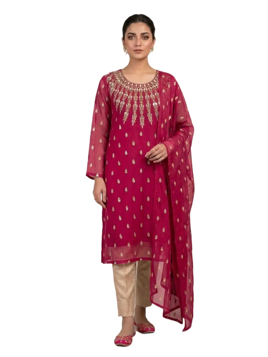 3 Pcs Women’s Unstitched Chiffon Mirror Work Suit