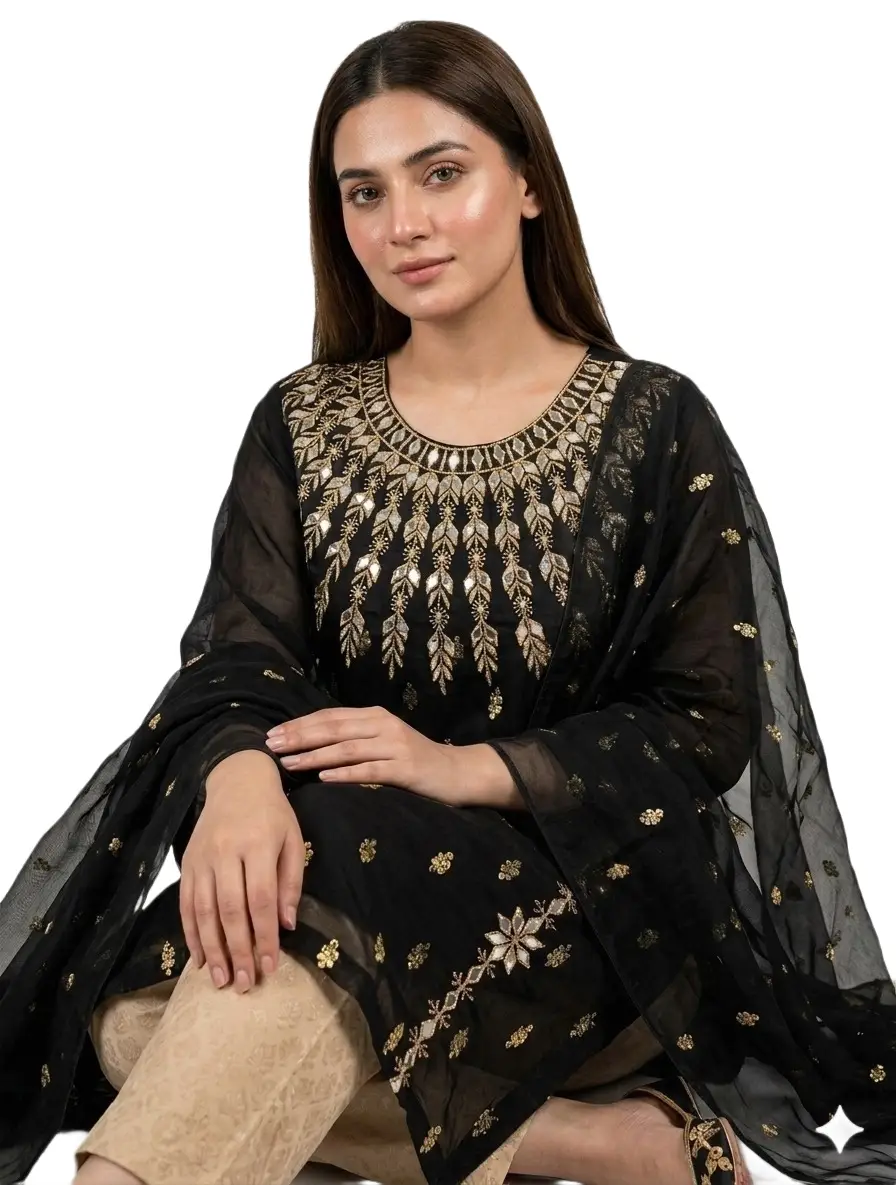 3 Pcs Women’s Unstitched Chiffon Mirror Work Suit