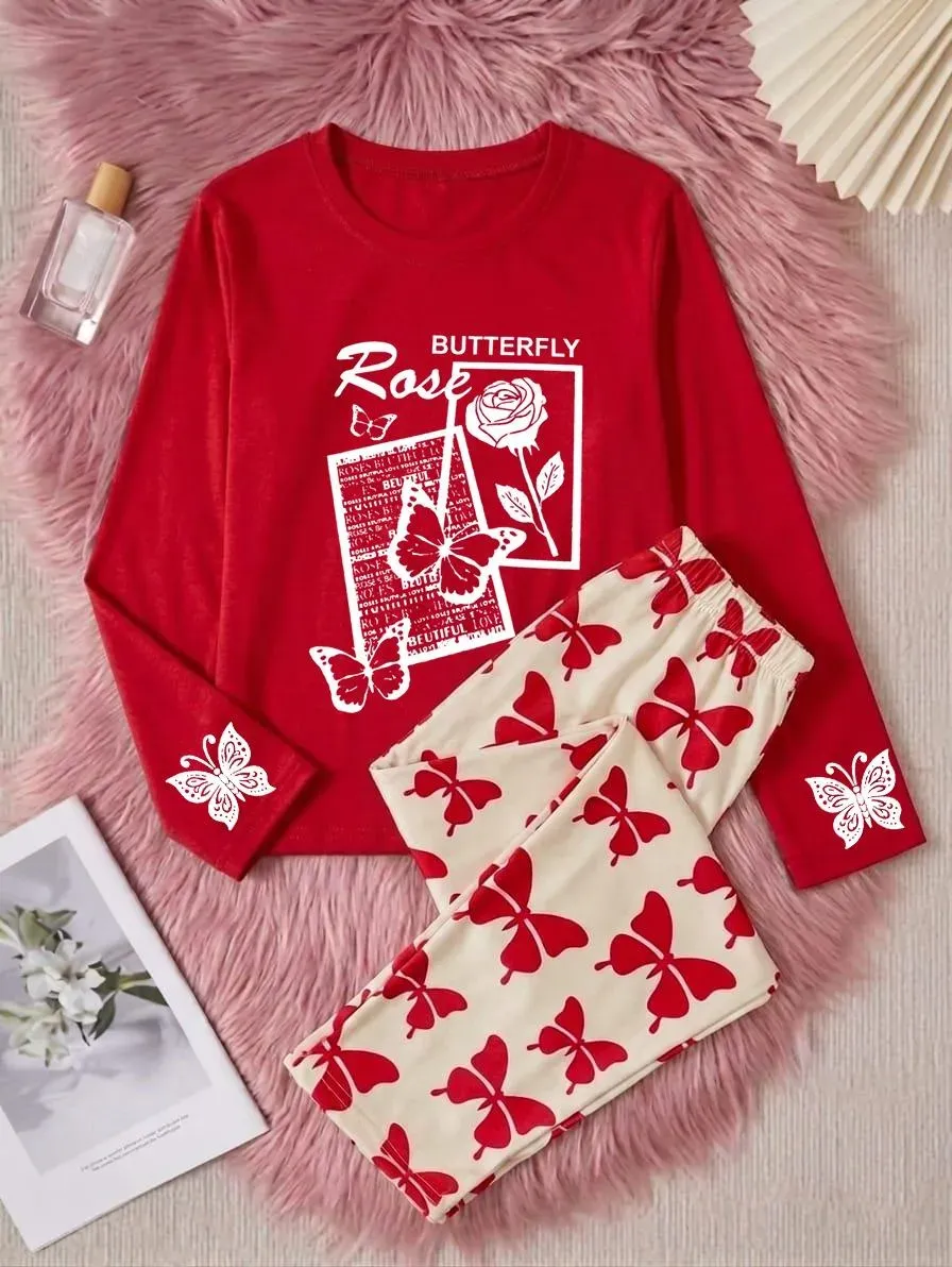 Women Printed Night Suit Red White Butterfly Trousers