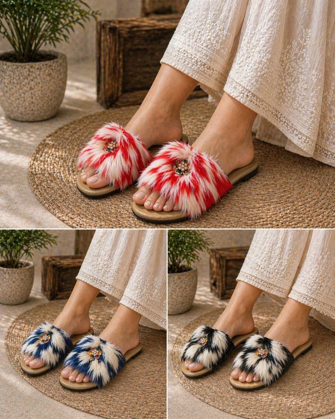Fur Embroidered Flats for Women Black White