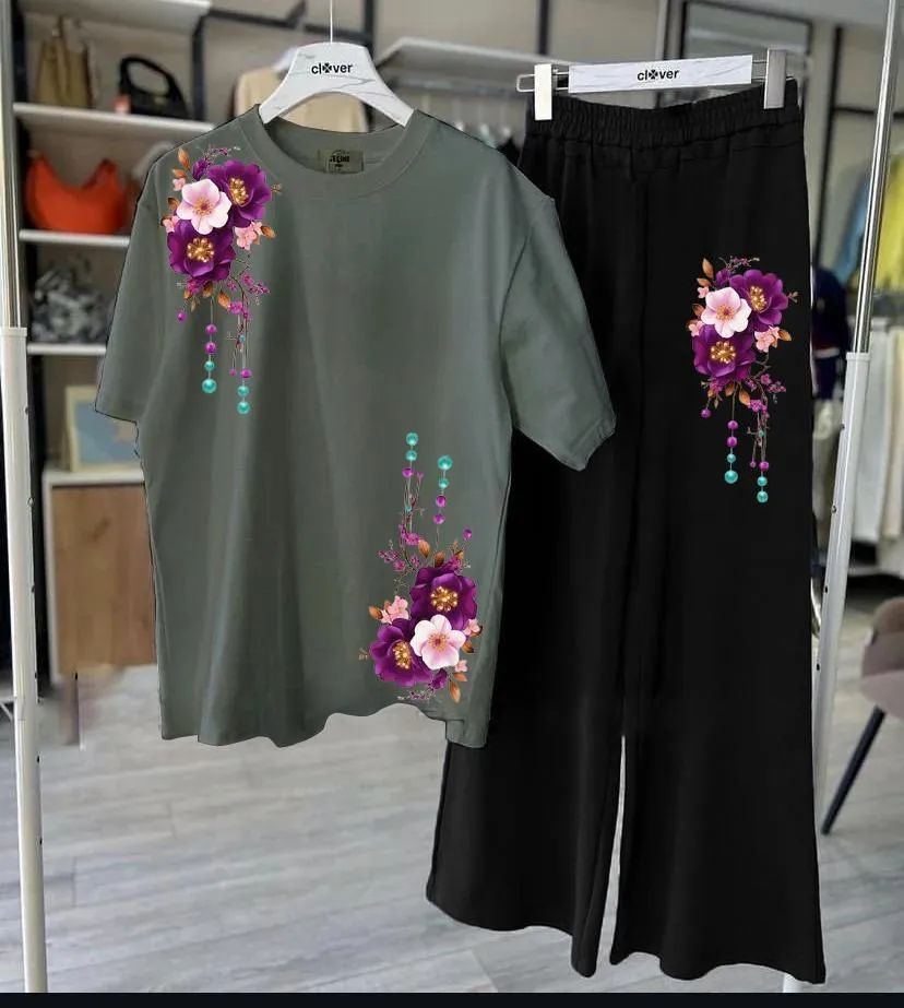 Women Floral Print Night Suit Green Black Jersey Medium to XL