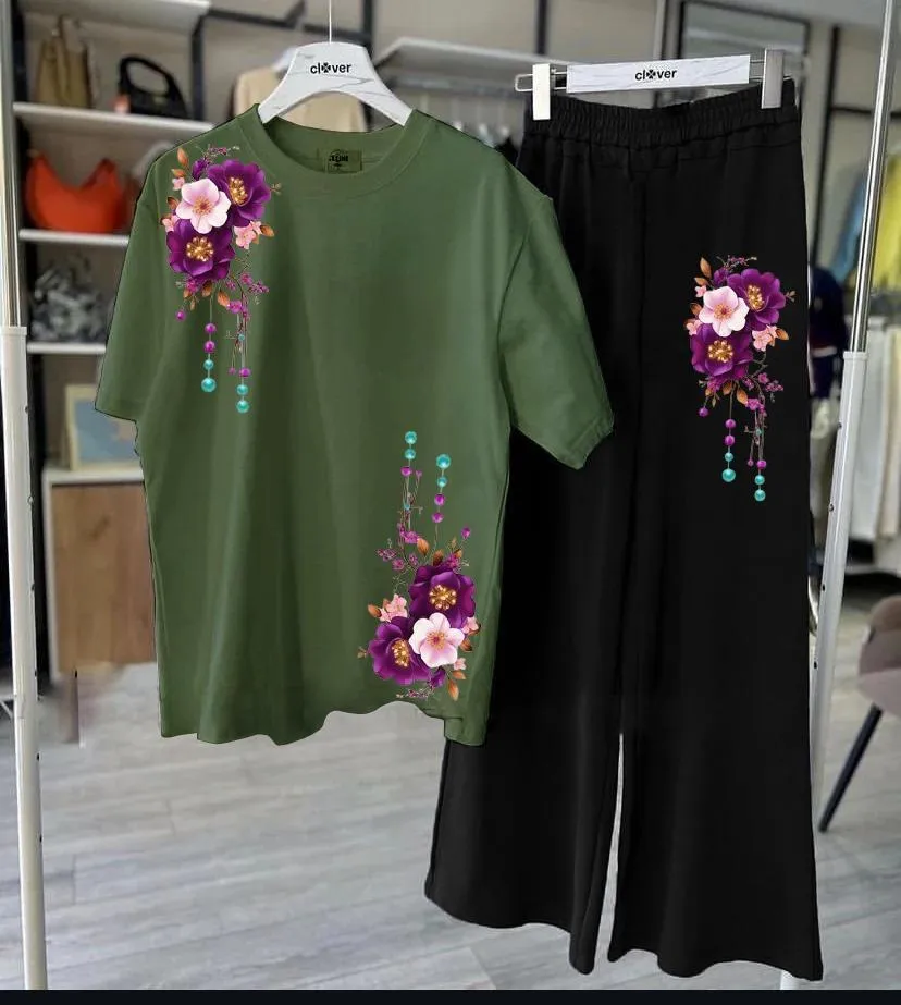 Women Floral Print Night Suit Green Black Medium to XL