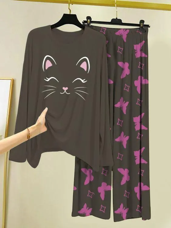 Women Grey Cat Print Night Suit 2 Pcs Cotton Jersey