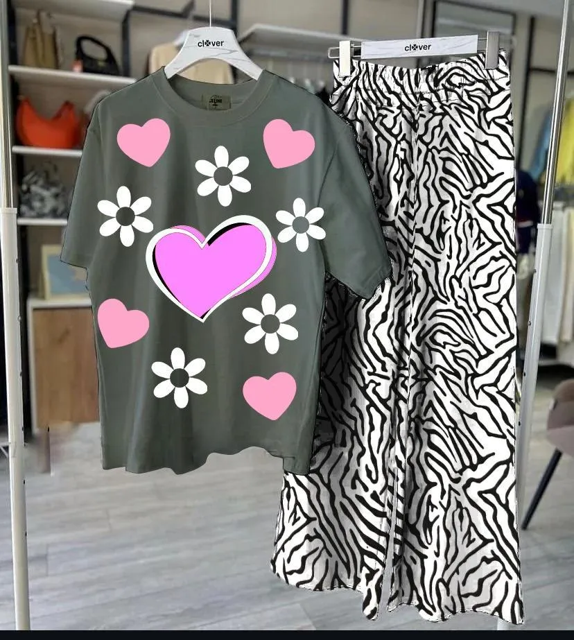 Pakistani Women Printed Night Suit with Heart & Flower Design