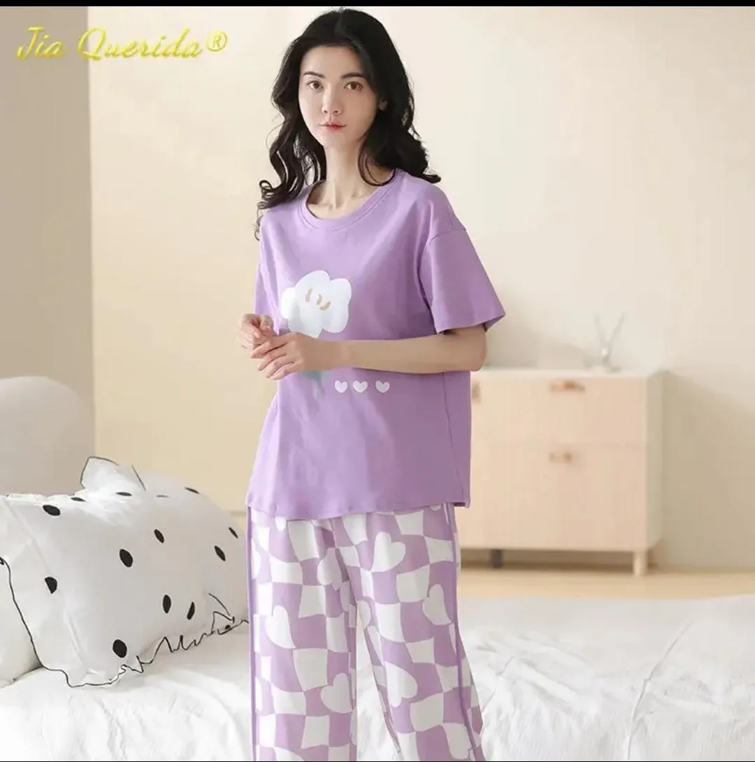Purple Printed 2Pcs Women Night Suit Medium to XL