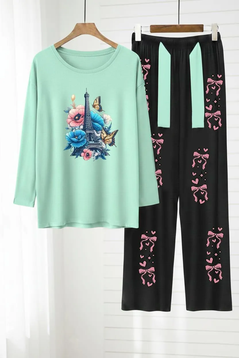 Mint Green Eiffel Tower Night Suit with Pink Bow Trouser Set