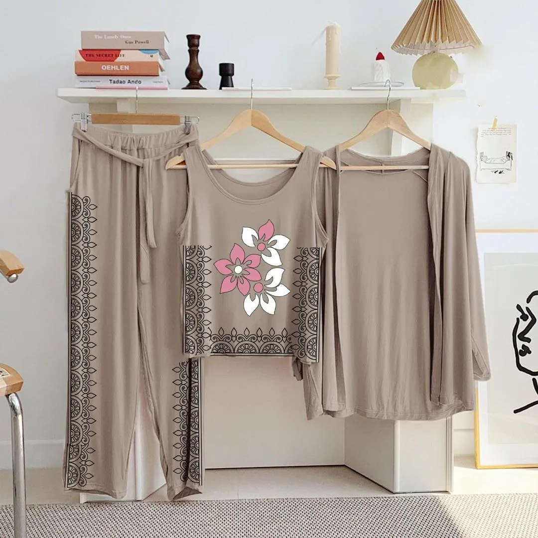 Beige Floral 3-Piece Night Suit for Women