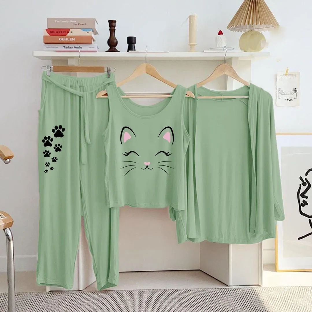 Green Cat Print 3-Piece Night Suit for Women