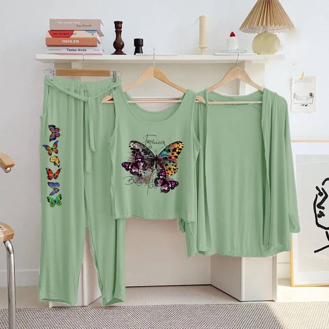 Green Printed 3Pc Women Night Suit Jersey Set