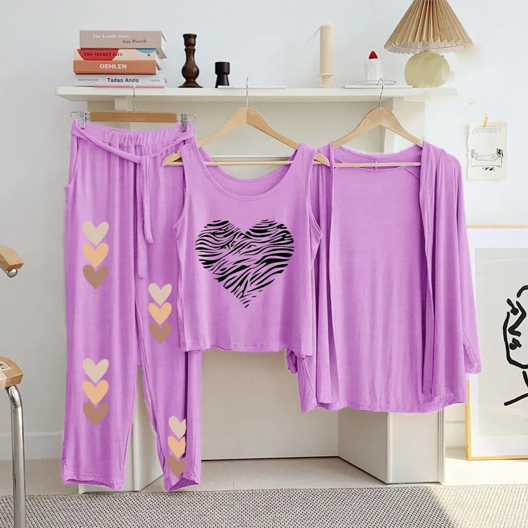 Purple Heart Print 3-Piece Night Suit for Women