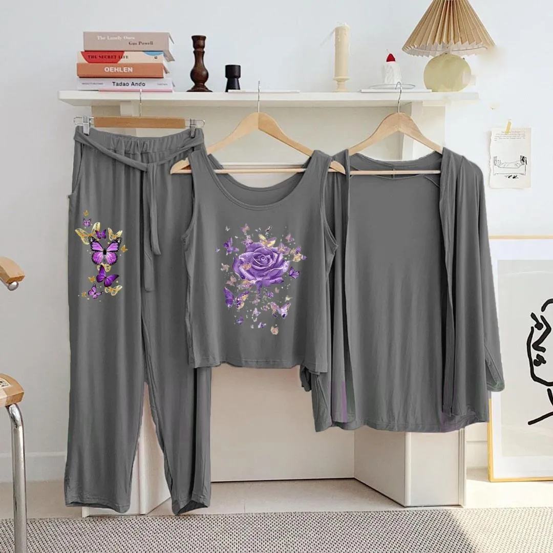 Purple Floral 3-Piece Night Suit for Women