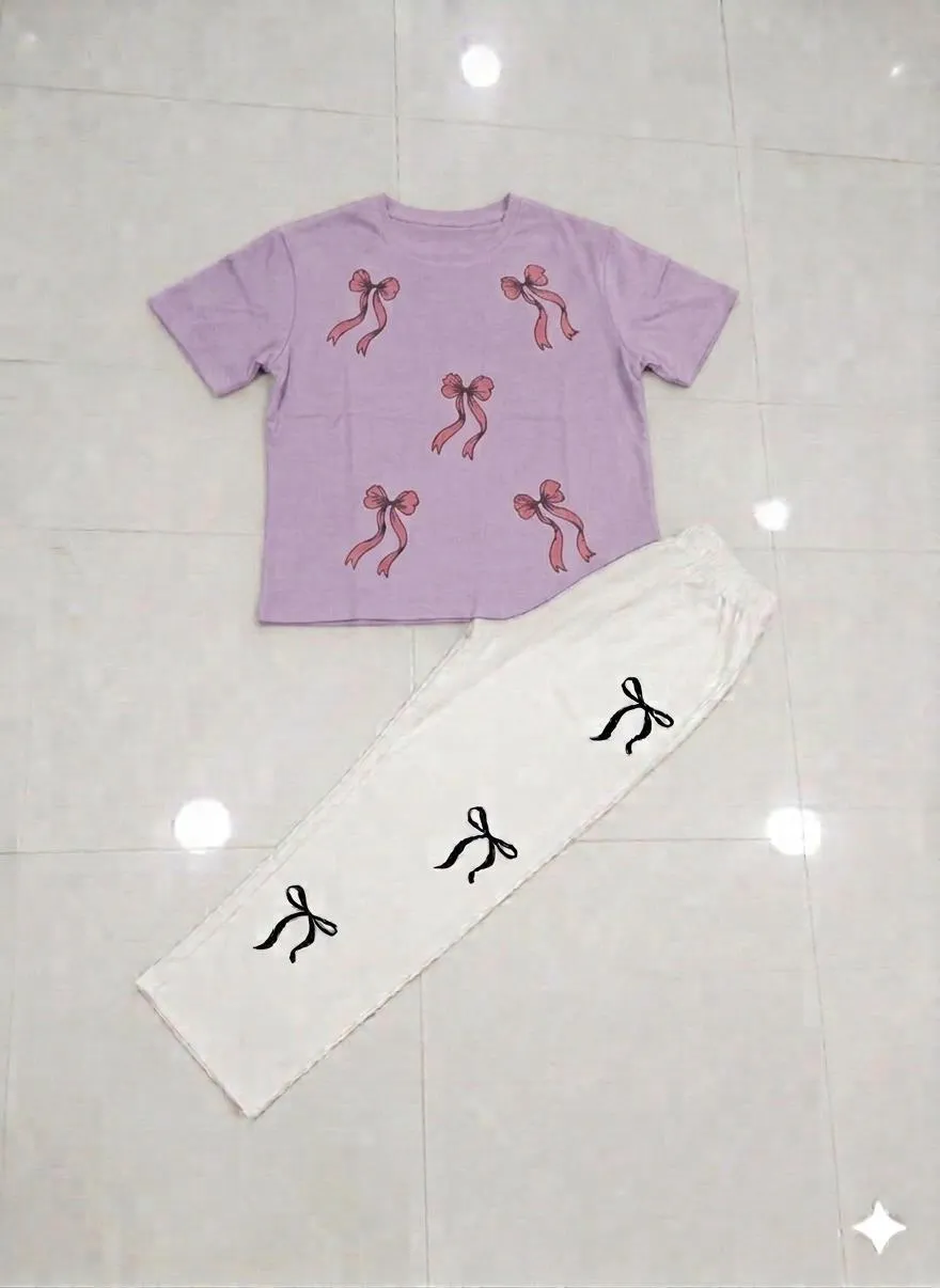Bow Printed Night Suit for Girls Women Purple White