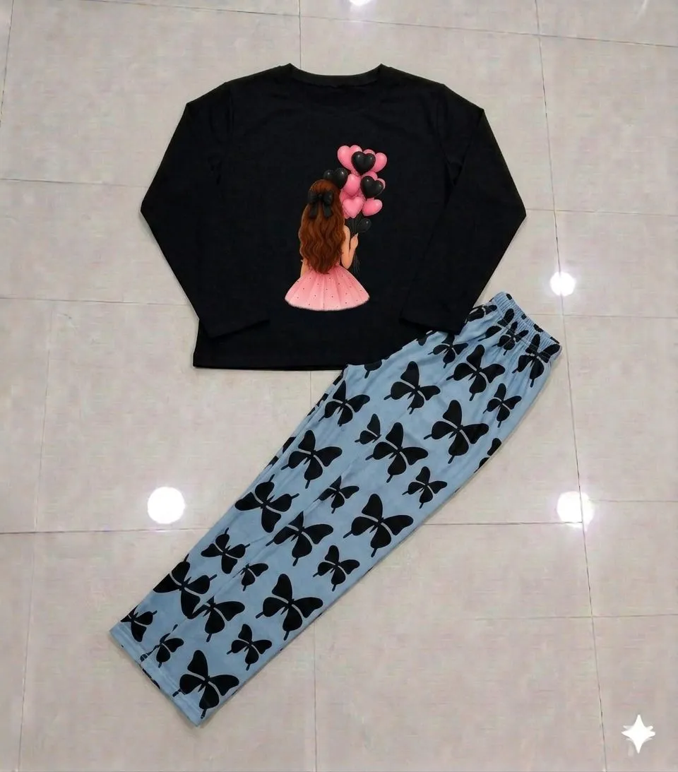 Black Butterfly Print Night Suit for Women 28"