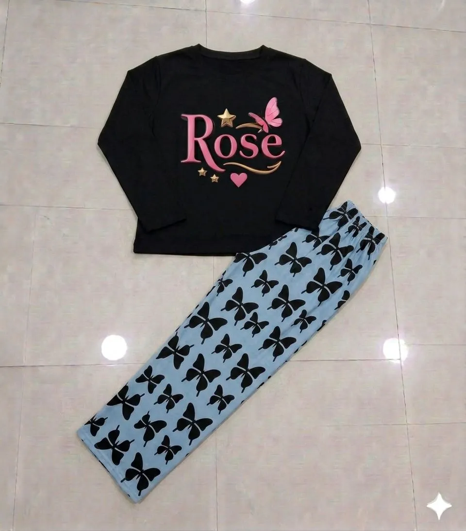 Rose Butterfly Print Night Suit Women Black Jersey Trouser Set