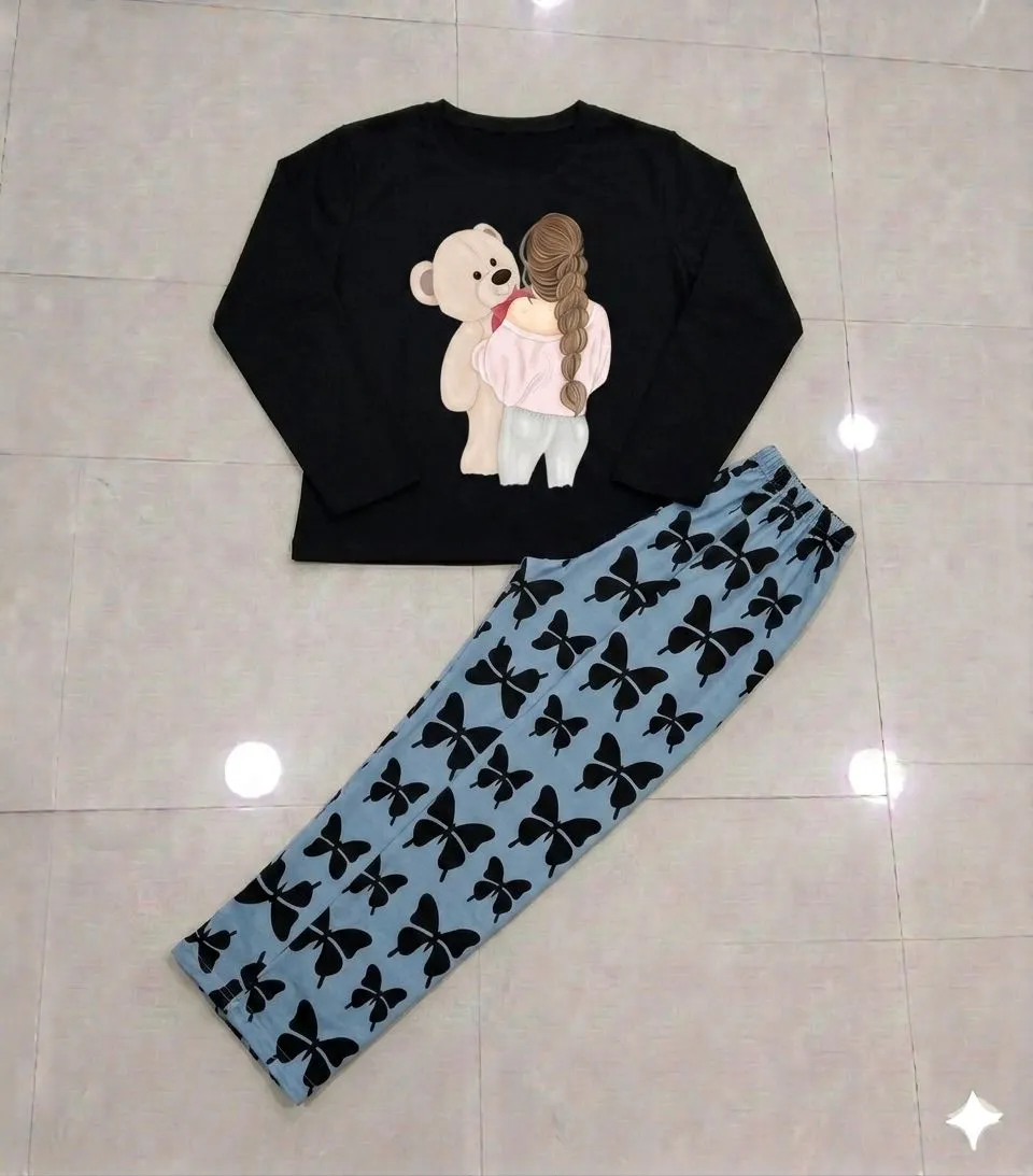 DreamyDots Night Suit Black Butterfly Print Pajama Set