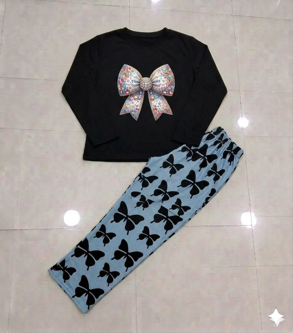 Black Butterfly Bow Night Suit for Women