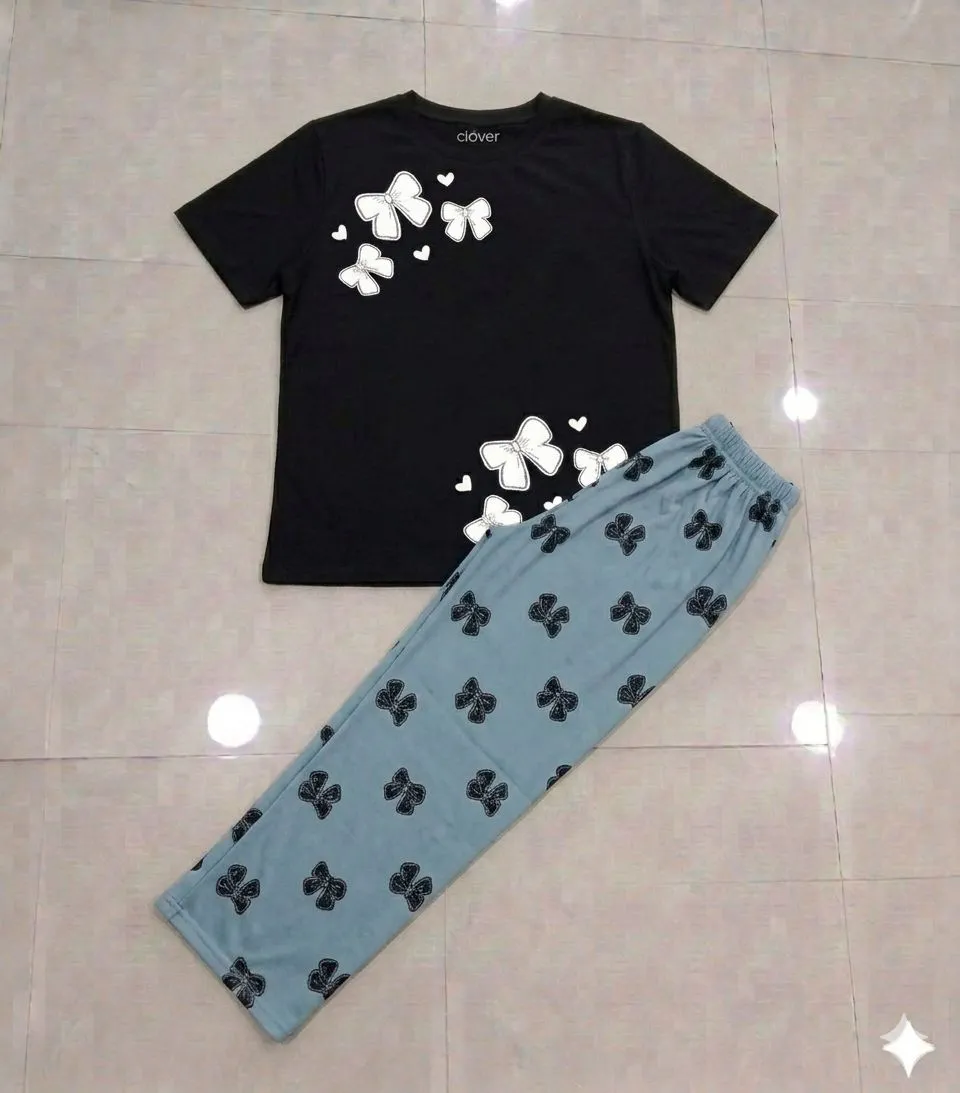 Black Butterfly Print Night Suit Set for Women
