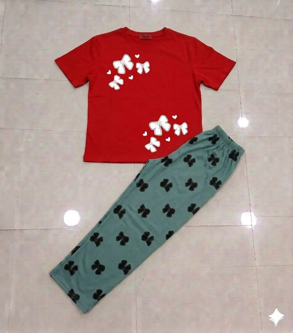 Red Butterfly Print Night Suit Women Medium to XL