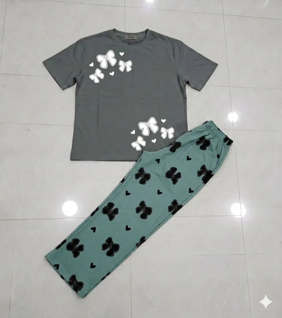 Women Butterfly Print Night Suit Grey Green