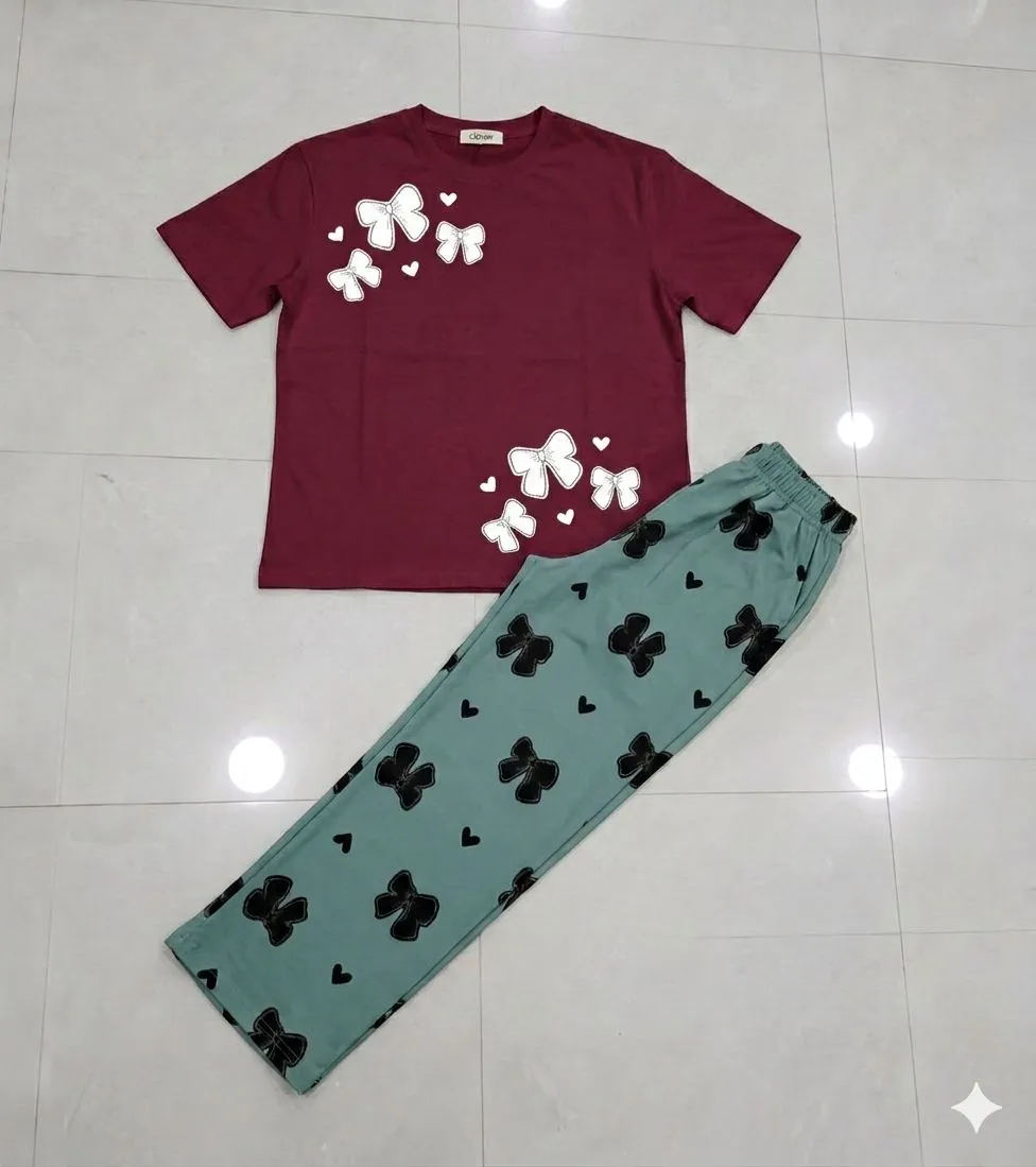 Maroon Butterfly Night Suit Women Jersey 2Pcs Medium to XL