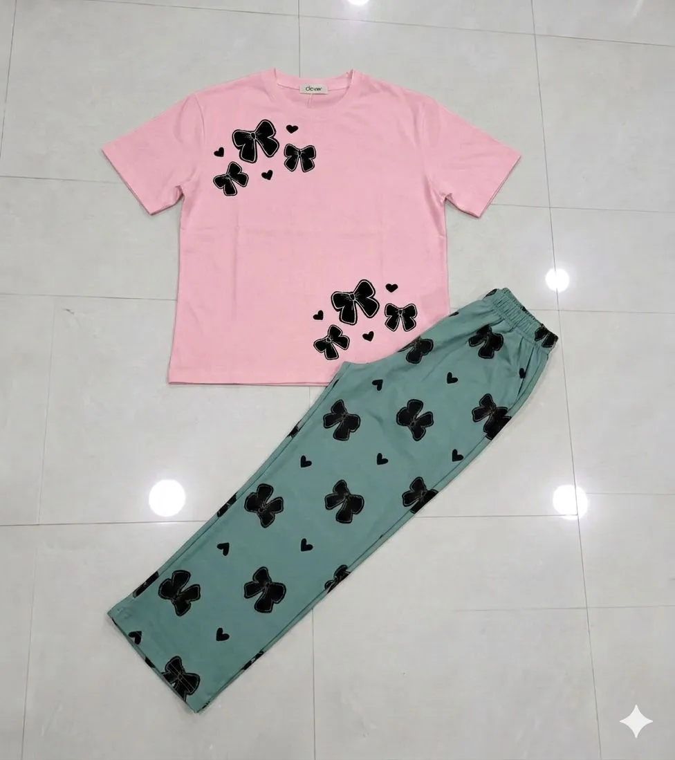 Pink Floral Night Suit Women Green Bow Medium to XL
