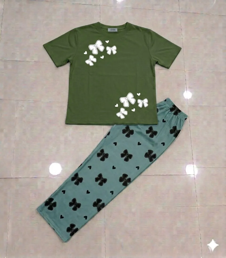 Women Butterfly Print Night Suit Brown Green
