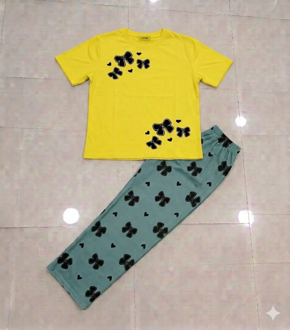 Women Yellow Butterfly Night Suit 2Pcs Jersey Medium to XL