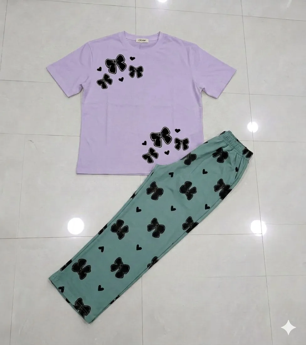 Women Purple Butterfly Night Suit Set Jersey