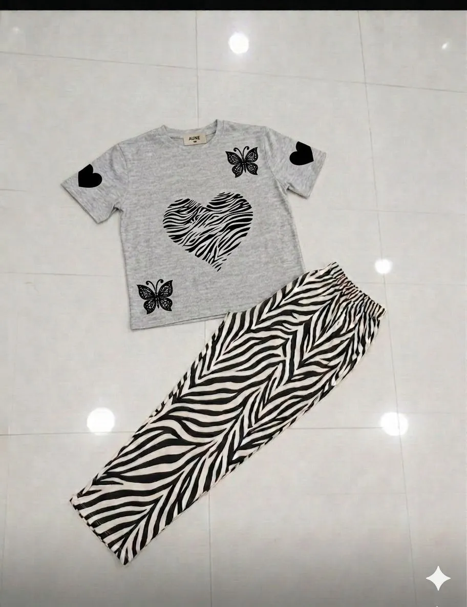 Women Grey Butterfly Heart T-Shirt with Zebra Pants Set Medium to XL
