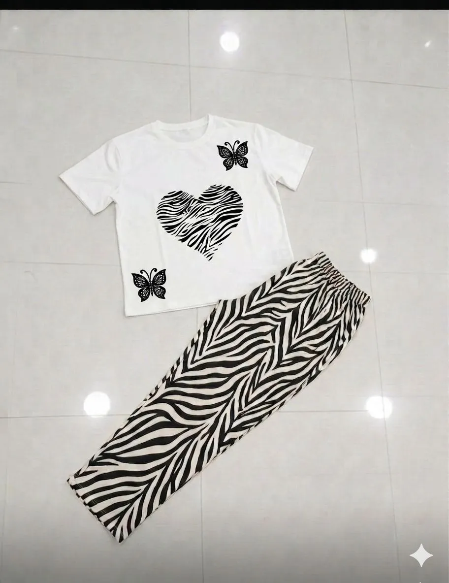 White Butterfly Heart Night Suit for Girls Medium to XL