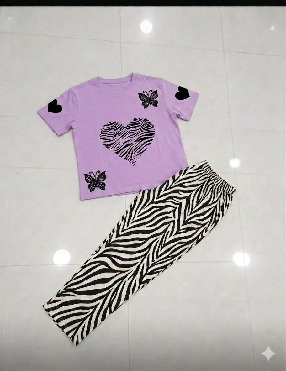 Purple Heartbeat Butterfly Night Suit for Girls 2 Pcs