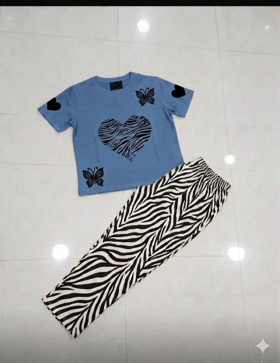 Women Blue Butterfly Heart T-Shirt with Zebra Pants Set Medium to XL