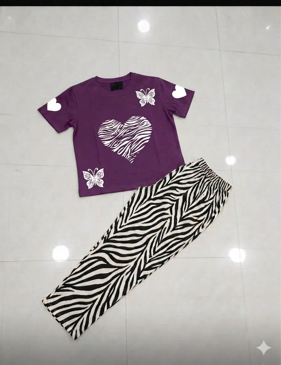 Purple Butterfly Heart T-Shirt with Zebra Pants Set