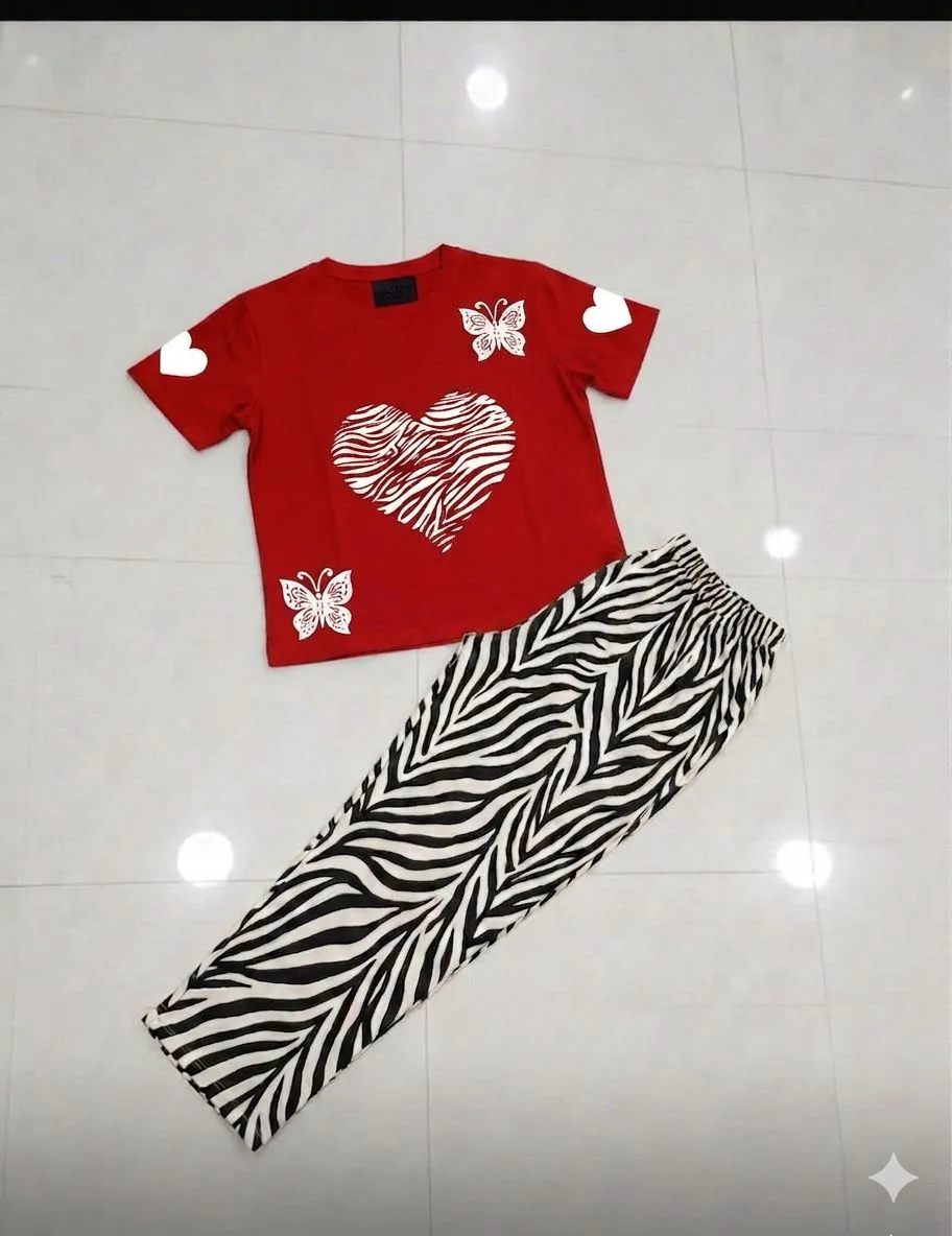 Red Heart Butterfly T-Shirt with Zebra Pants Set Medium to XL