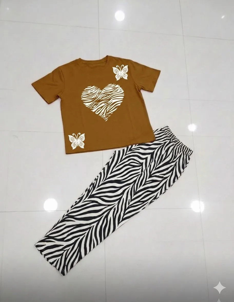 Women's Mustard Heart Butterfly T-Shirt with Zebra Pants Set