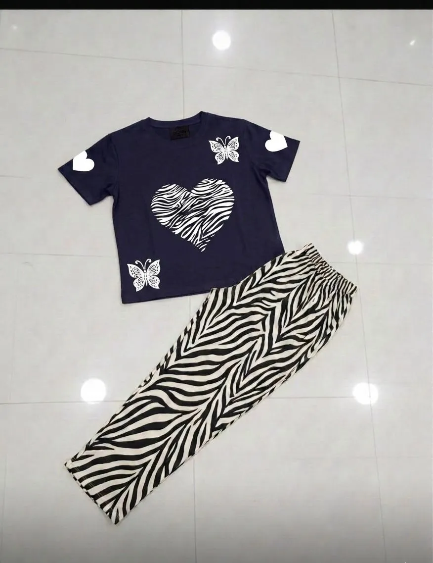 Women Blue Heart Butterfly Night Suit Zebra Pants Medium to XL