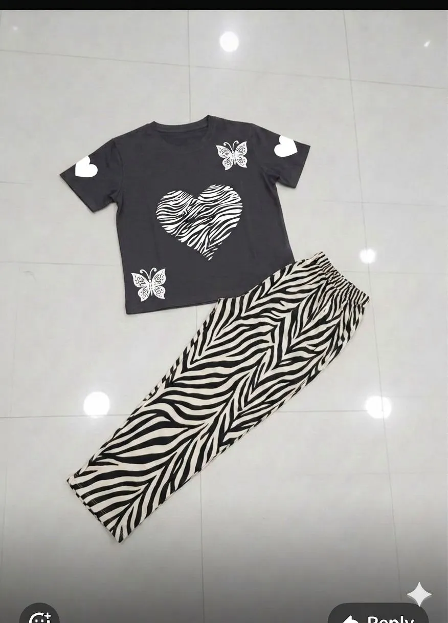 Women Black Heart Butterfly T-Shirt Zebra Pants Set Medium to XL